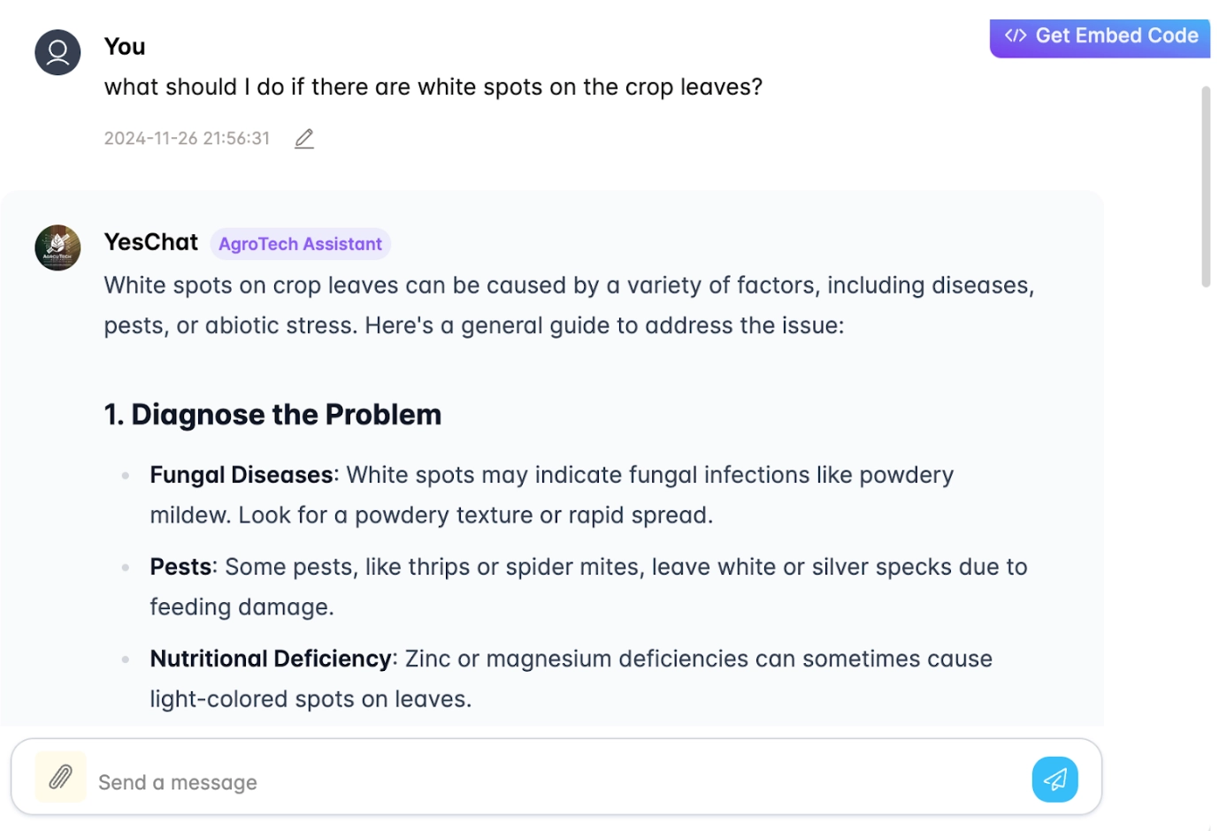 AI Chatbot gives recommendations on diagnosis, control measures, and preventive practices for crop fungal disease