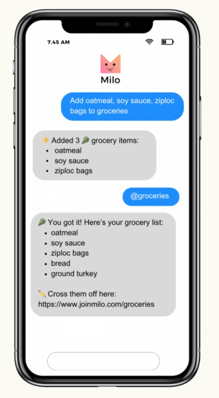 Milo helps parents plan events, grocery lists, and set up reminders