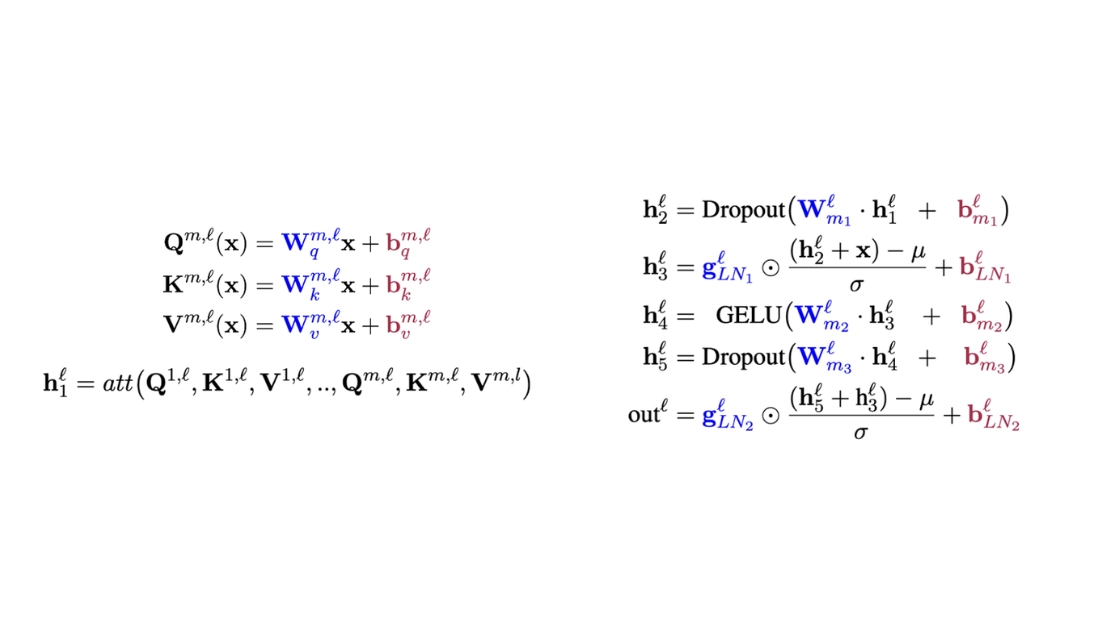 This picture highlights the bias terms (shown in red) that are trained in BitFit. All other parameters (e.g., weights, attention projections) remain frozen