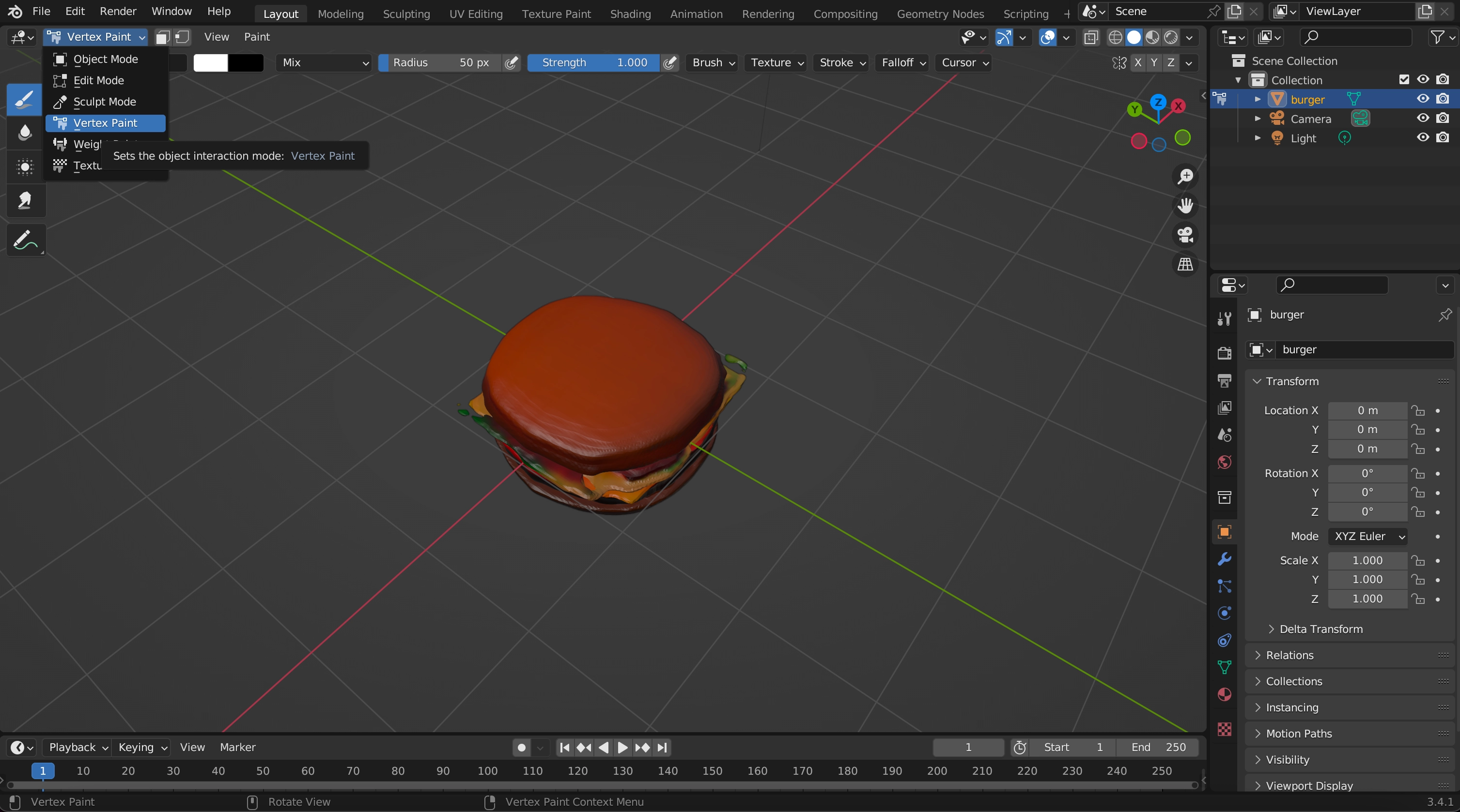 Fig. 3: [burger.ply](https://drive.google.com/file/d/16FrXoTYLj6dWvuuUTT70RZUD_pqDkw07/view?usp=sharing) file imported into **Blender**.