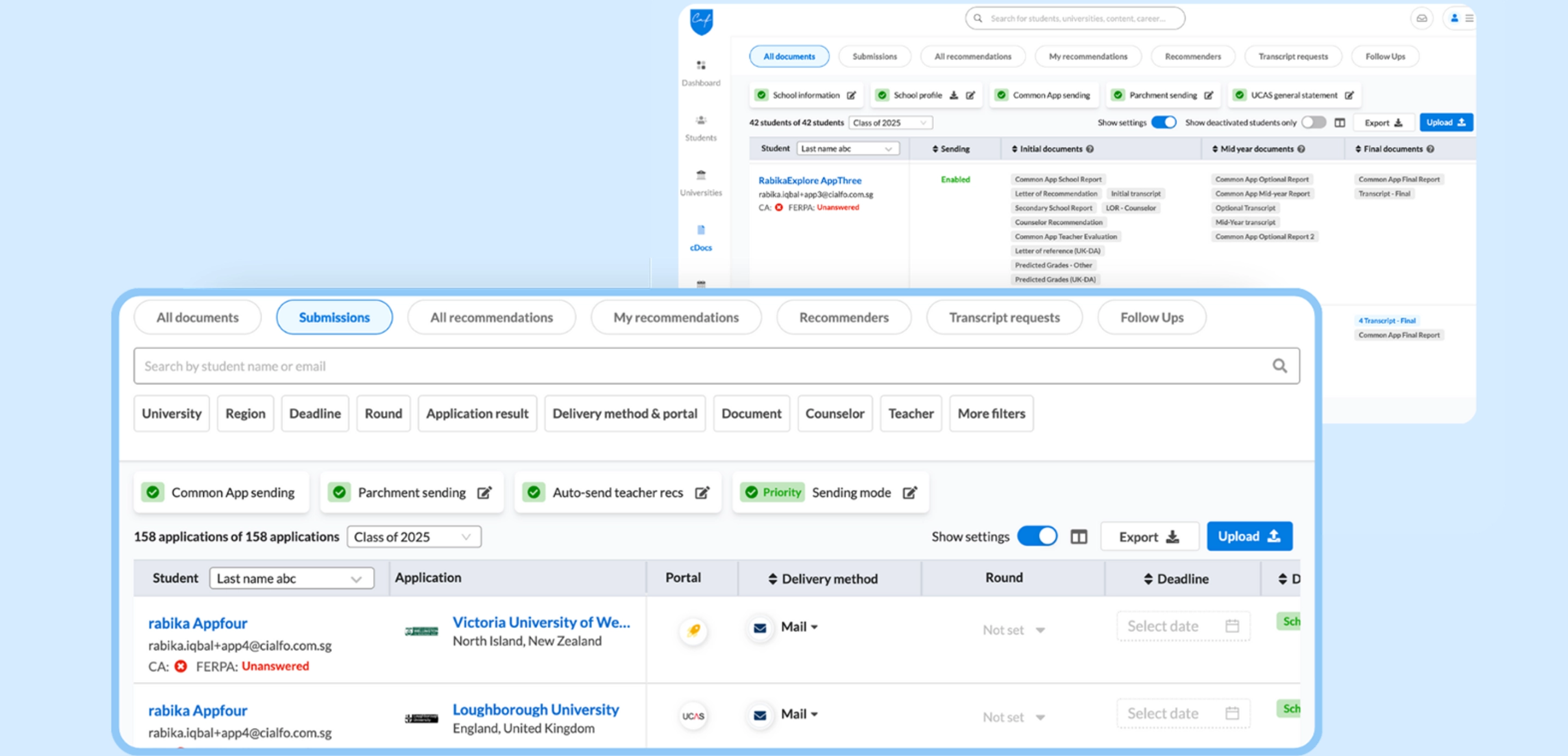 Cialfo's document sending tool, cDocs simplifies the process of uploading, tracking, and sending application documents to universities