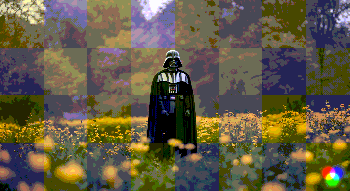 “A Darth Vader looking towards the viewer and standing in flowers with folded arms”