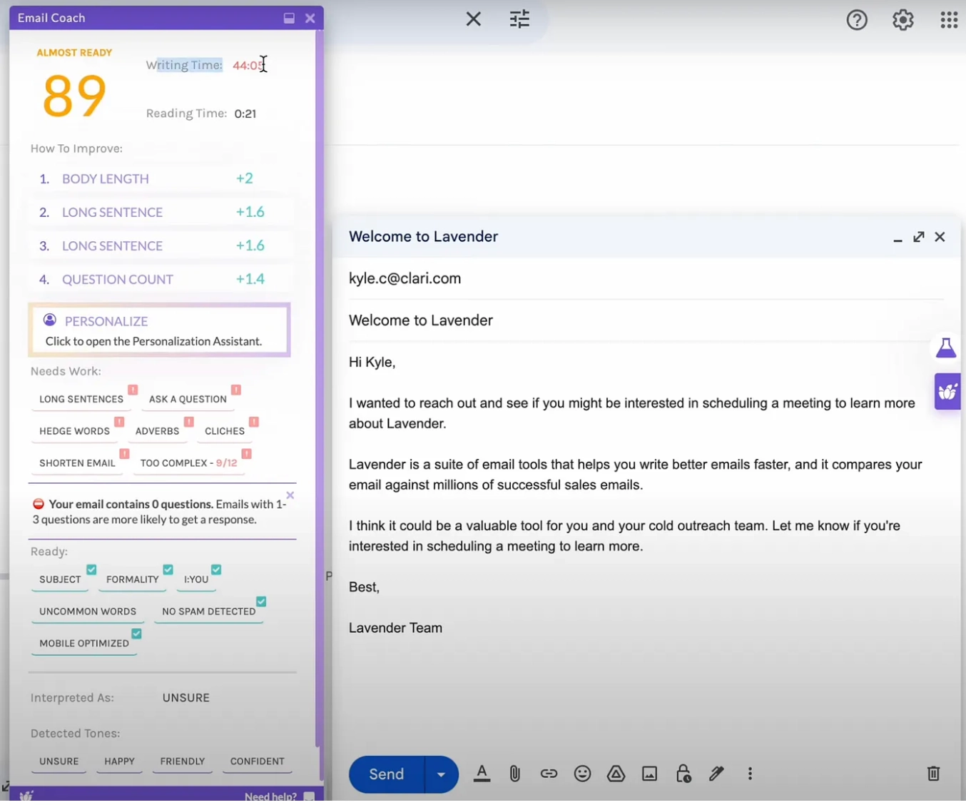 Lavender AI assistant improving email quality