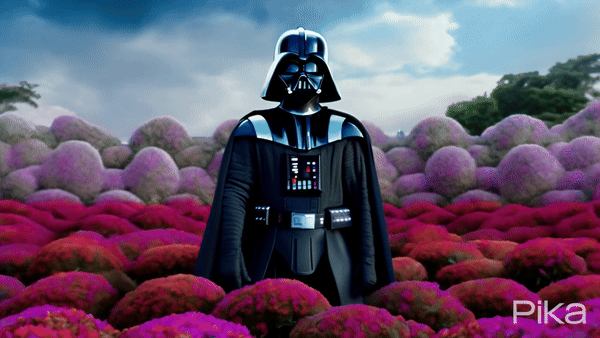 “A Darth Vader looking towards the viewer and standing in flowers with folded arms.”