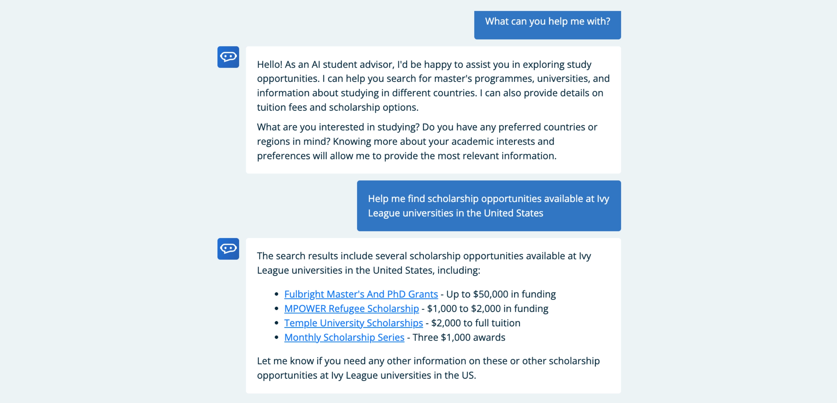 Studyportals’ AI Student Advisor, Sophia, helps you find scholarships based on your preferences
