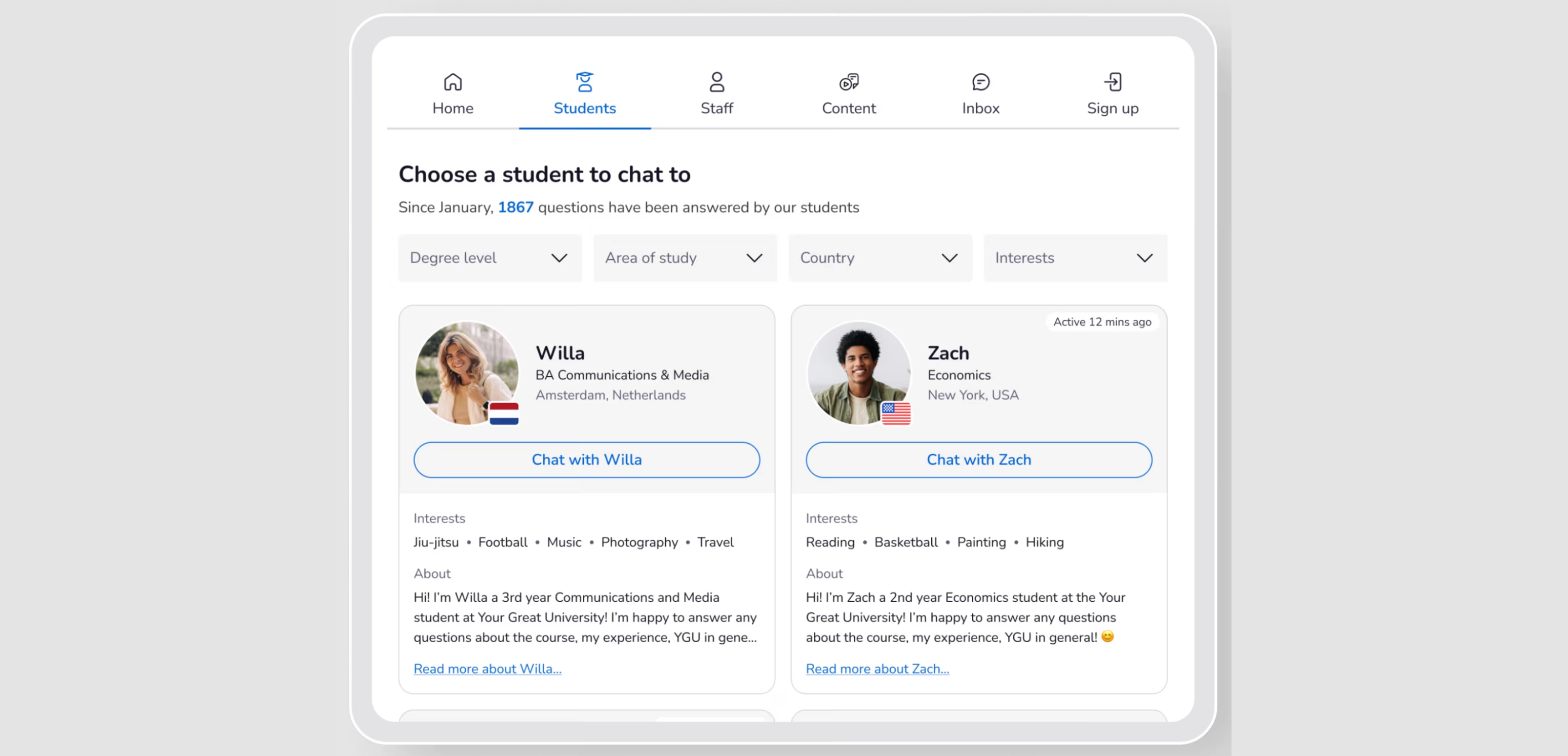 A student-ambassador connection is available with the Unibuddy platform